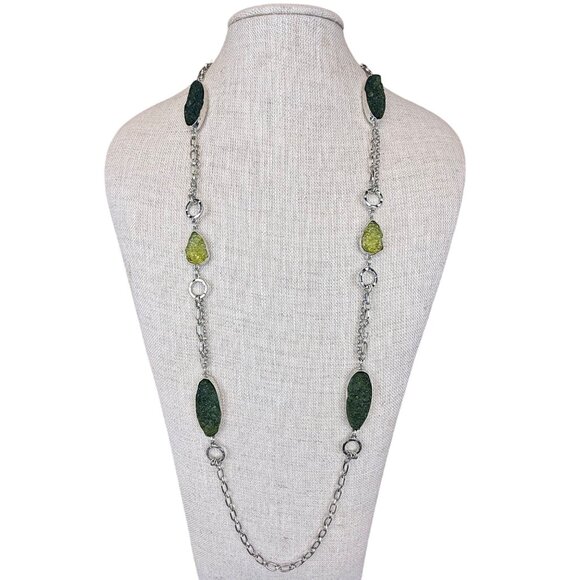 Chicos Womens Green & Silver-Tone Double Strand Chain Necklace Elegant Piece - Picture 1 of 6